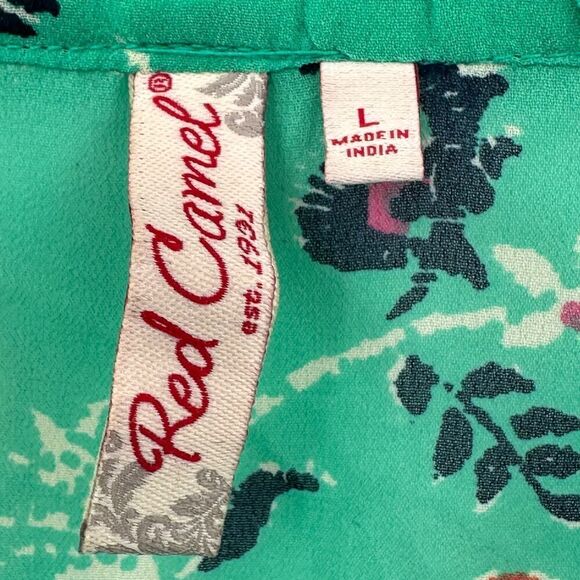 Mint Green Sheer Peasant Blouse with Open Crochet Work Womens Large Red Camel - Picture 5 of 7